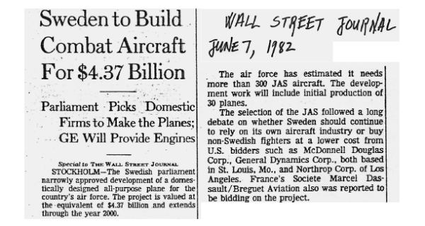 Figure 2. The JAS39 Gripen affair was an important issue for the western avionics industry.