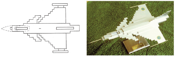 Figure 5. Top view of early FDEM drawing of Gripen and a 3D plastic model visualization.