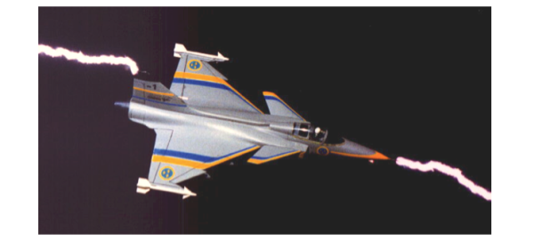 Figure 8. Model experiment for determination of the lightning attachment points on the Gripen. (photo SAAB Aeronautics)